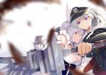  2girls absurdres apron azur_lane belfast_(azur_lane) belt black_belt black_coat black_neckwear bow_(weapon) braid breasts cleavage coat corset einj enterprise_(azur_lane) french_braid gloves grey_hair hat highres large_breasts long_hair machinery military_hat multiple_girls open_clothes open_coat peaked_cap purple_eyes shirt silver_hair turret underbust very_long_hair weapon white_apron white_background white_gloves white_headwear 