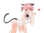  1girl :d aiko_(kanl) all_fours animal_ear_fluff animal_ears bare_arms bare_shoulders barefoot black_neckwear blood blood_on_face breasts cat_ears cat_girl cat_tail claw_pose fang frills girls_frontline hair_intakes hair_ornament hand_up injury k31_(girls_frontline) long_hair looking_at_viewer medium_breasts neck_ribbon no_pants open_mouth panties ribbon shirt short_twintails simple_background sleeveless sleeveless_shirt smile solo tail thighs twintails underwear white_background white_panties white_shirt x_hair_ornament 
