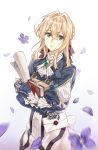  1girl blonde_hair blue_eyes book brooch cheese_kang commentary dress envelope flower hair_intakes holding holding_book jewelry looking_at_viewer mechanical_arm petals purple_flower simple_background solo standing violet_evergarden violet_evergarden_(character) wax_seal white_background 