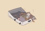  1girl animal_ears cat_ears cat_girl cat_tail fish fish_in_mouth highres in_container kamaboko_u kamado_nezuko kemonomimi_mode kimetsu_no_yaiba lying mouth_hold on_side signature simple_background solo suitcase tail 