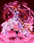  1girl absurdres black_legwear brown_hair full_body glint highres huge_filesize kneehighs lance looking_at_viewer lyrical_nanoha magic_circle magical_girl mahou_shoujo_lyrical_nanoha_strikers octagram polearm raising_heart rod solo source_request standing star_of_lakshmi takamachi_nanoha tom_(1art.) twintails weapon 