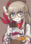 1girl bandana blue_eyes brown_hair candy character_name chocolate_bar eating fnc_(girls_frontline) food girls_frontline glasses grifon&amp;kryuger hair_ornament hairclip hat highres looking_at_viewer papaia_(quentingqoo) sleeves solo 