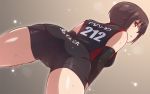  1girl alternate_costume ass bike_shorts brown_background brown_eyes brown_hair character_name em from_below girls_und_panzer looking_at_viewer nishizumi_maho short_hair solo sportswear volleyball_uniform 
