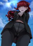  1girl ass_visible_through_thighs black_skirt blue_sky blush cloud crotch_seam day from_below highres lifted_by_self looking_at_viewer midriff nemu_(nebusokugimi) open_mouth panties panties_under_pantyhose pantyhose persona persona_5 persona_5_the_royal red_eyes red_hair skirt sky solo thighband_pantyhose underwear upskirt white_panties yoshizawa_kasumi 