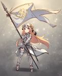  1girl abigail_williams_(fate/grand_order) armor armored_dress bangs bare_shoulders black_bow blonde_hair blue_eyes blush bow chain closed_mouth cosplay dress fate/apocrypha fate/grand_order fate_(series) faulds flag forehead gauntlets gradient gradient_background hair_bow headpiece jeanne_d&#039;arc_(fate) jeanne_d&#039;arc_(fate)_(all) jeanne_d&#039;arc_(fate)_(cosplay) long_hair miya_(pixiv15283026) orange_bow parted_bangs plackart polearm sheath smile solo sparkle sword thighhighs weapon white_dress 
