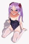  1girl blue_swimsuit blush bow breasts covered_navel hair_bow highres hiiragi_kagami inchore long_hair lucky_star navel one-piece_swimsuit one_eye_closed open_mouth purple_eyes purple_hair red_bow school_swimsuit sketch small_breasts solo swimsuit thighhighs twintails water white_legwear 