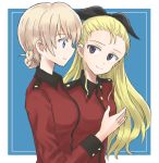  2girls assam bangs black_ribbon blonde_hair blue_background blue_eyes border braid closed_mouth commentary darjeeling epaulettes from_side gesture girls_und_panzer hair_pulled_back hair_ribbon jacket long_hair long_sleeves looking_at_another military military_uniform multiple_girls mutsu_(layergreen) outside_border red_jacket ribbon short_hair smile st._gloriana&#039;s_military_uniform tied_hair uniform white_border 