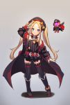  1girl abigail_williams_(fate/grand_order) arm_up bangs belt belt_buckle beret black_bow black_dress black_footwear black_headwear black_jacket black_legwear blonde_hair blue_eyes blush bow buckle chain closed_mouth cosplay dress eyebrows_visible_through_hair fate/grand_order fate_(series) frilled_dress frills full_body grey_background hat helena_blavatsky_(fate/grand_order) helena_blavatsky_(fate/grand_order)_(cosplay) jacket long_hair long_sleeves looking_at_viewer miya_(pixiv15283026) open_clothes open_jacket orange_bow parted_bangs peaked_cap red_belt ribbed_legwear salute shadow shoes short_dress smile solo standing strapless strapless_dress thighhighs twintails very_long_hair 