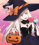  1girl candy cat dress fire_emblem fire_emblem:_three_houses food halloween_basket hat holding holding_lollipop lollipop long_hair lysithea_von_ordelia pink_eyes same2725 solo trick_or_treat white_hair witch_costume witch_hat 