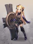  1girl abigail_williams_(fate/grand_order) arm_guards armor armored_dress bangs bare_shoulders black_bow black_leotard blonde_hair blue_eyes blush bow breasts cosplay elbow_gloves fate/grand_order fate_(series) forehead full_body gloves gradient gradient_background greaves hair_bow leotard long_hair looking_at_viewer mash_kyrielight mash_kyrielight_(cosplay) miya_(pixiv15283026) open_mouth orange_bow parted_bangs purple_gloves shield small_breasts smile solo thigh_strap 