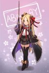  1girl abigail_williams_(fate/grand_order) bangs bb_(fate)_(all) bb_(fate/extra_ccc) bb_(fate/extra_ccc)_(cosplay) black_bow black_coat black_footwear black_jacket black_legwear black_skirt blonde_hair blue_eyes blush boots bow breasts character_name closed_mouth coat cosplay eyebrows_visible_through_hair fate/extra fate/extra_ccc fate/grand_order fate_(series) floral_background forehead full_body gloves hair_bow hair_ribbon hand_up holding jacket leotard long_hair long_sleeves looking_at_viewer miya_(pixiv15283026) multiple_bows multiple_hair_bows neck_ribbon open_clothes open_coat open_jacket orange_bow parted_bangs pink_background pleated_skirt red_ribbon ribbon shirt skirt sleeves_past_wrists small_breasts smile solo sparkle thigh_boots thighhighs v-shaped_eyebrows very_long_hair white_gloves white_leotard white_shirt wide_sleeves 
