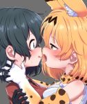  2girls animal_ear_fluff animal_ears bare_shoulders black_gloves black_hair blonde_hair blue_eyes blush bow bowtie breath close-up commentary elbow_gloves extra_ears fangs gloves highres imminent_kiss kaban_(kemono_friends) kemono_friends multiple_girls nekonyan_(inaba31415) no_hat no_headwear open_mouth print_gloves print_neckwear red_shirt serval_(kemono_friends) serval_ears serval_print shirt short_hair short_sleeves sleeveless t-shirt wavy_mouth yellow_eyes yuri 