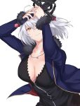  1girl ahoge bangs black_dress breasts cleavage coat cowboy_shot dress fate/grand_order fate_(series) fur-trimmed_coat fur-trimmed_jacket fur-trimmed_sleeves fur_collar fur_trim jacket jeanne_d&#039;arc_(alter)_(fate) jeanne_d&#039;arc_(fate)_(all) jewelry large_breasts necklace short_hair silver_hair sword terry_(pixiv3274443) tsurime weapon white_background wicked_dragon_witch_ver._shinjuku_1999 yellow_eyes zipper 