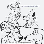  anthro antlers are_you_tired_of_being_nice? batterycapacity beastars black_and_white bottomwear canid canine canis cervid clothed clothing comic dialogue duo english_text fully_clothed horn legosi_(beastars) looking_at_another louis_(beastars) mammal meme monochrome necktie open_mouth pants parody shirt simple_background text topwear white_background wolf 