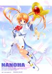  1girl absurdres blush boots bow character_name copyright_name feathers ferret floating floating_hair highres huge_filesize jacket left-handed looking_at_viewer lyrical_nanoha magical_girl mahou_shoujo_lyrical_nanoha purple_eyes raising_heart red_hair self_upload shoes sky smile solo staff takamachi_nanoha tom_(1art.) twintails uniform upskirt watermark web_address winged_shoes wings yuuno_scrya 