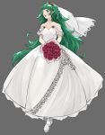  1girl alternate_hairstyle bouquet bride dress fire_emblem fire_emblem:_three_houses flower green_eyes green_hair grey_background hair_ornament holding holding_bouquet long_hair one_eye_closed open_mouth pointy_ears sakuuremi simple_background solo sothis_(fire_emblem) veil wedding_dress white_dress 