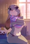  2019 absurd_res anthro bed bedroom belly clothed clothing clothing_lift disney female fur furniture grey_body grey_fur hi_res inside judy_hopps lagomorph leporid looking_at_viewer mammal navel panties partially_clothed plushie purple_eyes rabbit shirt shirt_lift sitting skeleion smile solo striped_shirt topwear underwear undressing window zootopia 