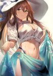  1girl absurdres beige_background bikini blush breasts brown_hair cleavage closed_mouth contrapposto cowboy_shot eyebrows_visible_through_hair flower girls_frontline green_eyes hair_between_eyes hat hat_flower highres large_breasts long_hair looking_at_viewer m1903_springfield_(girls_frontline) navel sarong scan see-through shirt sidelocks simple_background sleeves_rolled_up sola_(solo0730) solo sun_hat sweat swimsuit tied_shirt wet wet_clothes wet_shirt white_bikini 