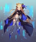  1girl abigail_williams_(fate/grand_order) bangs black_bow black_coat blonde_hair blue_eyes blue_ribbon blush bow cosplay eyebrows_visible_through_hair fate/extra fate/extra_ccc fate/grand_order fate_(series) forehead full_body hair_bow hair_ribbon juliet_sleeves long_hair long_sleeves looking_at_viewer meltryllis meltryllis_(cosplay) miya_(pixiv15283026) navel open_mouth orange_bow parted_bangs puffy_sleeves ribbon sleeves_past_fingers sleeves_past_wrists smile solo spikes v-shaped_eyebrows very_long_hair 