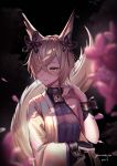  1boy 2019 animal_ears bangs bare_shoulders black_background black_shirt blurry blurry_foreground blush breasts character_request closed_mouth collarbone commentary_request depth_of_field eyebrows_behind_hair flower fox_ears fox_girl fox_tail granblue_fantasy hair_ornament hair_over_one_eye jacket keyhole kou_(granblue_fantasy) light_brown_hair long_sleeves looking_away looking_to_the_side petals pink_flower shirt signature sleeveless sleeveless_shirt small_breasts smile solo tail upper_body white_jacket wide_sleeves yurichtofen 
