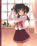  1girl absurdres ahoge bow closed_mouth curtains hairdressing highres indoors looking mitsumi_misato plant pot school_uniform serafuku short_hair skirt solo to_heart_2 twintails window yuzuhara_konomi 