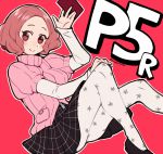  1girl acronym blush brown_eyes brown_hair commentary_request do_m_kaeru floral_print holding long_sleeves okumura_haru pantyhose persona persona_5 persona_5_the_royal pink_sweater plaid plaid_skirt print_legwear ribbed_sweater short_over_long_sleeves short_sleeve_sweater short_sleeves shuujin_academy_uniform skirt solo sweater twitter_username white_legwear 