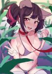  1girl :d bikini black_hair blush breasts collar dress inchore leash looking_at_viewer micro_bikini navel open_mouth original pink_hair purple_bikini purple_eyes small_breasts smile solo swimsuit teeth twintails v white_legwear 