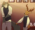  2019 absurd_res anthro antlers beastars black_nose bone bottomwear brown_body brown_fur canid canine canis cervid cheek_tuft clothed clothing disney duo face_tuft fluffy fluffy_tail fully_clothed fur grey_body grey_fur hand_in_pocket hi_res horn impendingsenseofdoom inside legosi_(beastars) light lighting looking_at_another louis_(beastars) mammal pants photo pockets shirt skull tail_grab topwear tuft white_body white_fur wolf zootopia 