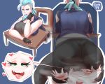  &lt;3 1:1 2019 ahegao animal_humanoid balls big_breasts big_butt blue_eyes blue_hair breasts butt canid canine cev cev_rosa clothed clothing desk digital_media_(artwork) duo facesitting female furniture green_eyes gynomorph gynomorph/female hair hi_res humanoid intersex intersex/female looking_pleasured mammal mammal_humanoid musk open_mouth simple_background smile tongue tongue_out white_hair 