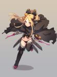  1girl abigail_williams_(fate/grand_order) bandaged_arm bandages bangs black_bow black_cloak black_footwear black_gloves black_legwear black_panties black_shirt blonde_hair blue_eyes blush boots bow brown_background cloak closed_mouth cosplay dagger dual_wielding fate/apocrypha fate/grand_order fate_(series) fingerless_gloves full_body gloves gradient gradient_background grey_background hair_between_eyes high_ponytail holding holding_dagger holding_weapon jack_the_ripper_(fate/apocrypha) jack_the_ripper_(fate/apocrypha)_(cosplay) long_hair looking_at_viewer miya_(pixiv15283026) navel orange_bow panties parted_bangs ponytail shadow sheath shirt sidelocks single_glove sleeveless sleeveless_shirt solo standing standing_on_one_leg thigh_boots thighhighs torn_cloak torn_clothes underwear unsheathed v-shaped_eyebrows very_long_hair weapon 