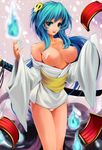  bandage bishamon blue_eyes blue_hair breasts capcom fire flame genderswap hair_ornament hairpin japanese_clothes kimono midnight_bliss nipples open_clothes open_mouth open_shirt panties short_hair skull smile sword underwear vampire_(game) weapon 