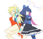  ;p ass back_lace gun no_panties one_eye_closed panty_&amp;_stocking_with_garterbelt panty_(character) panty_(psg) smile stocking_(character) stocking_(psg) stripes_i_&amp;_ii sword tongue tongue_out weapon wink 