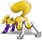  all_fours ass bent_over blue_eyes booty breasts digimon fox furry hanging_breasts heavy_breathing looking_back nipples panting presenting pussy_juice raised_tail renamon tail tongue yin_yang 
