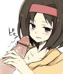  brown_eyes brown_hair censored cum erika_(pokemon) hairband handjob nakamura_sandayo penis pointless_censoring pokemon pokemon_(game) pokemon_hgss short_hair solo_focus white_background 