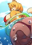  akitaka anime anthro big_breasts big_butt bikini black_nose blonde_hair blush breasts butt canid canine clothing female fur hair hi_res inflatable kemono mammal open_mouth overweight overweight_female partially_submerged sky solo swim_ring swimwear water yellow_body yellow_fur 