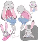  &lt;3 anthro barefoot bodily_fluids bottomwear buckteeth clothed clothing crying dipstick_ears disney ears_down eyes_closed fully_clothed fur grey_body grey_fur judy_hopps lagomorph leporid mammal multicolored_ears nyoncat open_mouth open_smile pants pivoted_ears purple_eyes rabbit shirt simple_background sitting smile solo tears teeth topwear white_background zootopia 