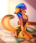  2019 anthro areola barefoot bed black_nose blue_eyes breasts canid canine claws clothed clothing digital_media_(artwork) eyebrows eyelashes feet female fox fur furniture hi_res kneeling mammal nipples omiart on_bed orange_body orange_fur pawpads pink_pawpads red-eyes smile soles solo toes translucent translucent_clothing 