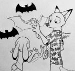  2019 ambiguous_gender black_and_white bodily_fluids bottomwear canid canine chiropteran clothed clothing dipstick_ears disney ears_down fox fully_clothed group hi_res holding_character holding_object inktober inner_ear_fluff judy_hopps lagomorph leporid looking_at_another mammal monochrome multicolored_ears nick_wilde nude pants pivoted_ears rabbit shirt sweat sweatdrop theblueberrycarrots topwear tuft zootopia 