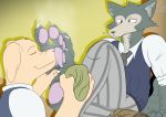  2019 5_toes anthro barefoot beastars bird_dog black_eyes canid canine canis claws clothing digital_media_(artwork) domestic_dog duo feet foot_fetish foot_focus foot_sniffing fur hi_res humanoid_feet hunting_dog jack_(beastars) labrador legosi_(beastars) lu123 male mammal pawpads paws pink_pawpads retriever school_uniform signature smile sniffing soles toe_claws toes uniform wolf 