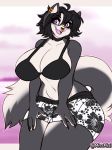  anthro big_breasts black_hair breasts canid canine cleavage clothed clothing curvy_figure ear_piercing ear_ring facial_piercing female fur hair hi_res mammal mixideer nose_piercing nose_ring piercing solo thick_thighs voluptuous wide_hips 