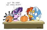  2019 bobthedalek cleaver_(knife) clothing cutlery dialogue english_text equid eyewear food friendship_is_magic fruit glasses group halloween hi_res holidays horn kitchen_knife kitchen_utensils knife mammal my_little_pony plant pumpkin starlight_glimmer_(mlp) sunburst_(mlp) text tools trixie_(mlp) unicorn 