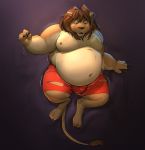  2016 abthegreat anthro bed belly big_belly biped black_nose brown_hair bulge claws clothed clothing digital_drawing_(artwork) digital_media_(artwork) facing_viewer felid full-length_portrait fur furniture growth hair hi_res high-angle_view lion lying male mammal mane moobs navel nipples on_bed open_mouth overweight overweight_male pantherine portrait solo tan_body tan_fur toe_claws topless wardrobe_malfunction weight_gain whiskers wide_eyed 