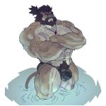  2019 abs anthro barazoku beard biceps big_muscles body_hair brown_hair bulge clothing crossed_arms facial_hair felid fur hair happy_trail huge_muscles lion male mammal multicolored_body multicolored_fur muscular muscular_male pantherine pecs pubes rybiok solo standing swimwear tan_body tan_fur two_tone_body two_tone_fur veiny_muscles whistle 