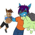  1:1 anthro anthrofied bottomwear bullying clothed clothing duo eevee fully_clothed fuze hi_res hoodie lucario male nintendo plushie pok&eacute;mon pok&eacute;mon_(species) shirt shorts simple_background substitute t-shirt topwear video_games white_background 