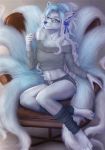  2019 4_toes 5_fingers alolan_ninetales anthro blue_eyes blue_hair blue_nos canid canine clothed clothing detailed_background digital_media_(artwork) etskuni female fingers fox hair hi_res looking_at_viewer mammal midriff multi_tail navel nintendo pok&eacute;mon pok&eacute;mon_(species) regional_variant smile solo toes video_games 