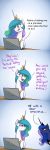  2019 absurd_res anticularpony blue_eyes collar comic computer cosmic_hair crown dialogue duo english_text equid ethereal_hair female feral friendship_is_magic frown hair hi_res horn humor laptop looking_back mammal multicolored_hair my_little_pony princess_celestia_(mlp) princess_luna_(mlp) pseudo_hair purple_eyes sibling simple_background sister sisters text tongue tongue_out typing winged_unicorn wings 