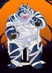  3_eyes anthro balls belly flaccid fupa halloween hamagiato hi_res holidays male multi_ear multi_eye mummy_costume overweight penis tokyo_afterschool_summoners tongue tsathoggua tusks video_games 