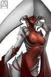  2013 breasts elesh_norn eyeless female finger_to_mouth humanoid lips magic_the_gathering monstrous_humanoid nipples not_furry open_mouth pechan phyrexian simple_background solo standing white_background 
