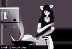  2015 anthro ashtray biped black_clothing black_nose black_shirt black_topwear breasts canid canine cigarette clothed clothing detailed_background digital_media_(artwork) digital_painting_(artwork) dirtyscoundrel female fox fridge fully_clothed inside kitchen looking_at_viewer magnet mammal panties pattern_clothing pattern_underwear shirt smile solo striped_clothing striped_underwear stripes t-shirt text topwear underwear url white_ears white_tail 