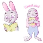  anthro barefoot book bottomwear buckteeth clothed clothing dipstick_ears disney ears_down english_text eyes_closed fully_clothed fur grey_body grey_fur happy holding_book holding_object judy_hopps lagomorph leporid mammal multicolored_ears nyoncat open_mouth open_smile pants pivoted_ears pruple_eyes rabbit reading shirt signature simple_background smile solo standing teeth text topwear white_background zootopia 